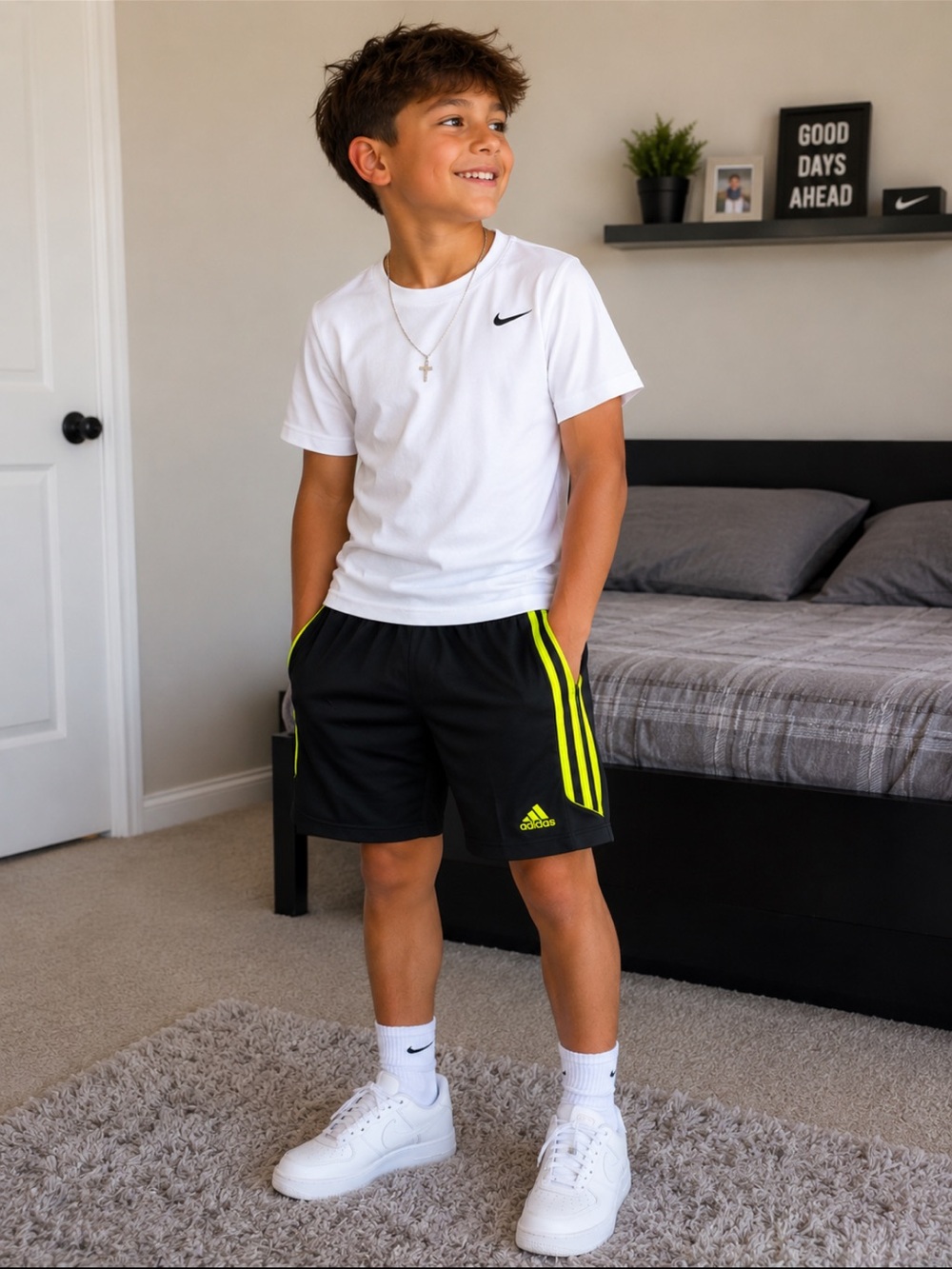 adidas Black Athletic Shorts with Neon Yellow Accents